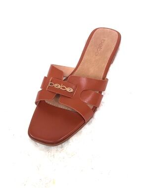 bebe Tan Leather Slide with Gold Logo Accent Sz 10